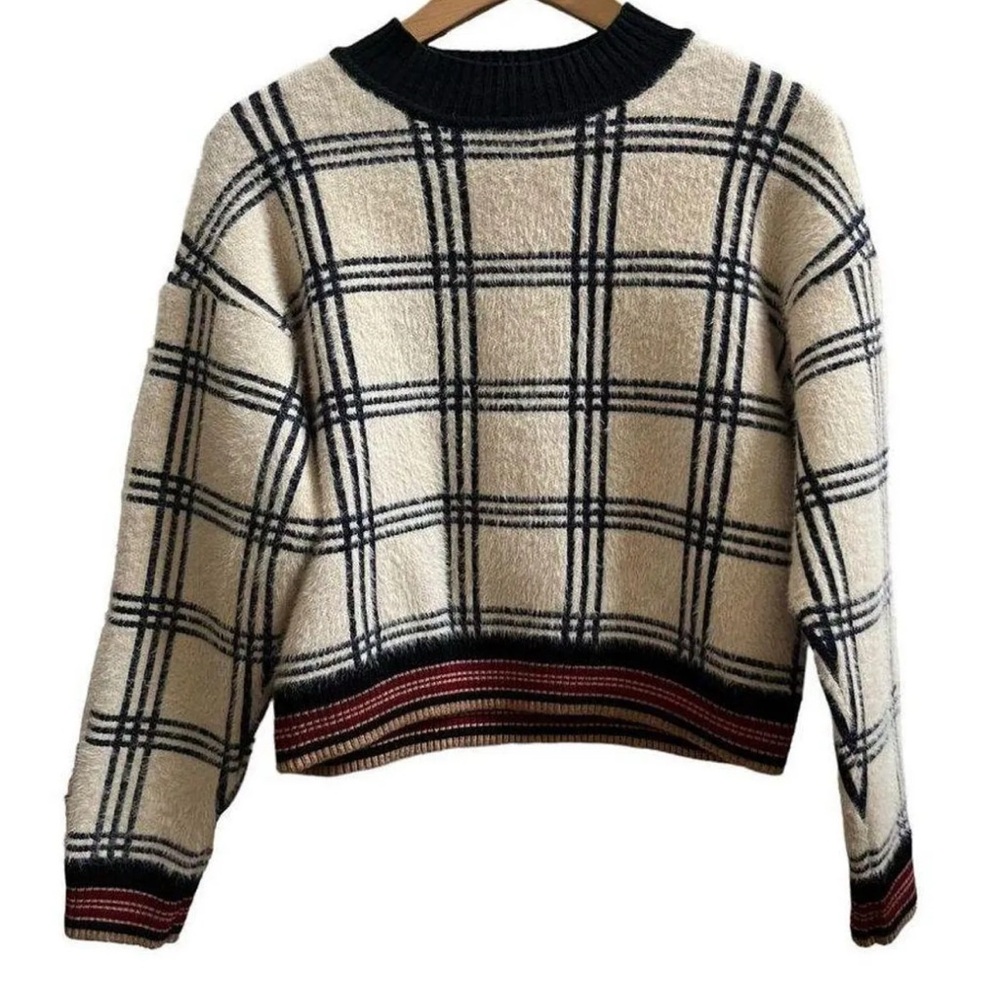 MNG  Casual Fuzzy Knit Checkered Mock Neck Sweater